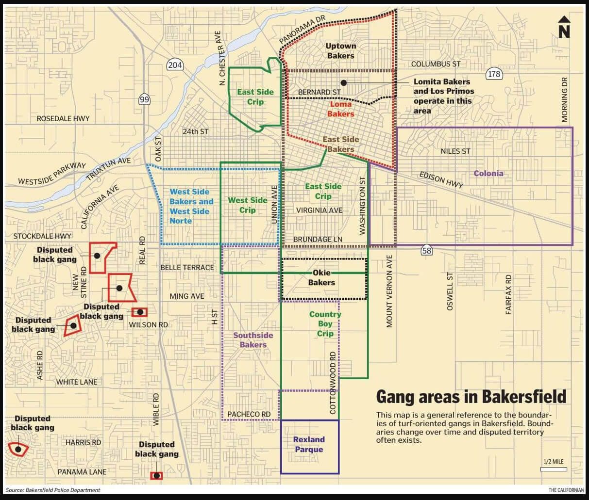Gang Areas Map in Bakersfield